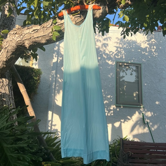 Vtg Baby Blue V-Neck Sleeveless Slip Dress with Floral Lace Neckline | Small - Picture 4 of 17